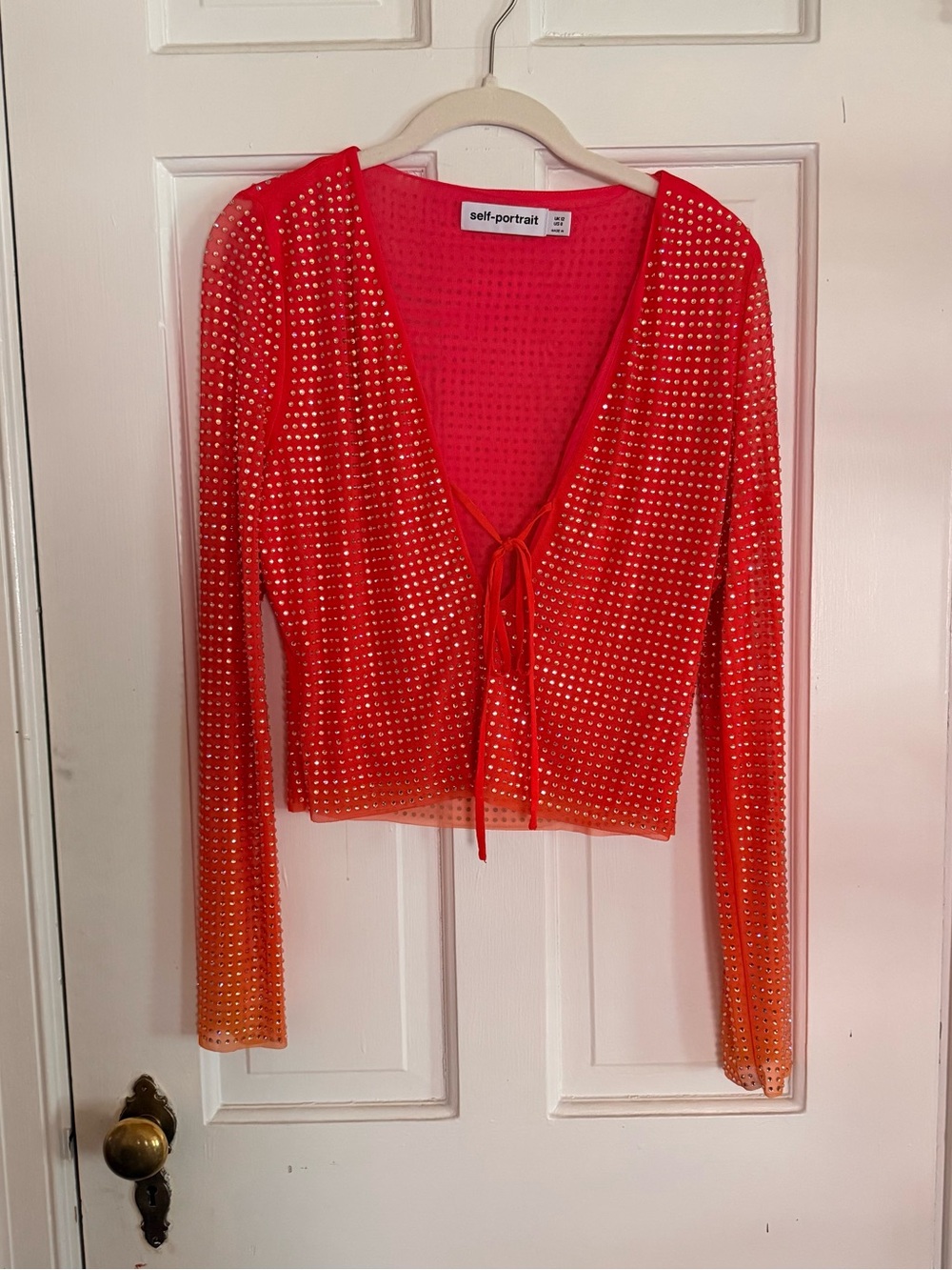 Self-Portrait coral Embellished Tie-Front Long-Sleeve Cardigan